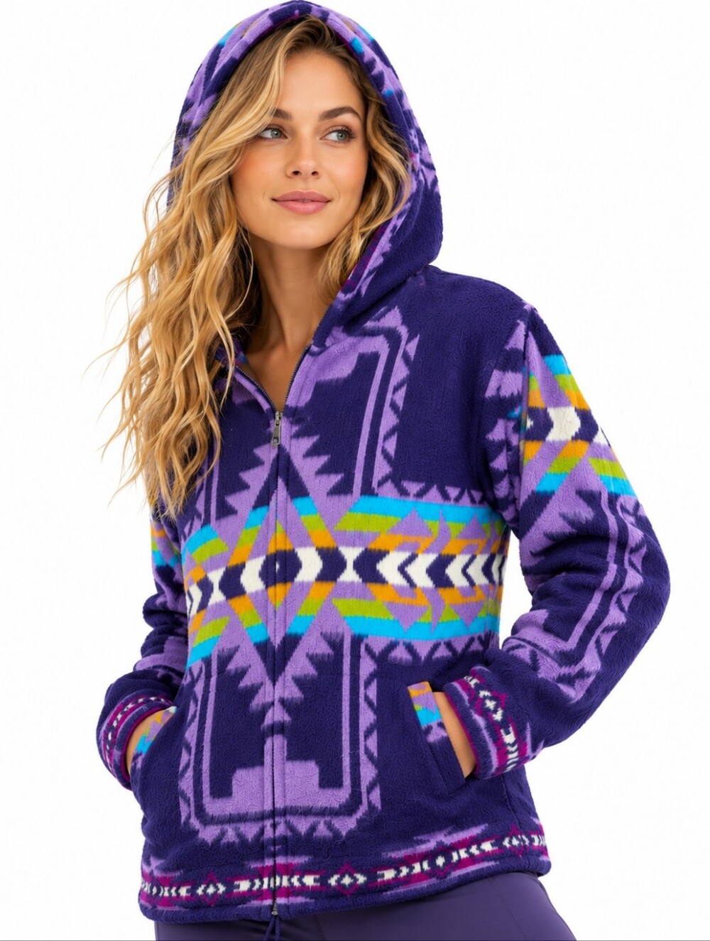 Yari Artesanias Wool Geometric Hooded Sweater Jacket Purple Ecuador L EUC